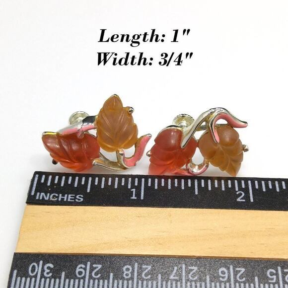 Vintage 1950s STAR Lucite Leaf Earrings Pink Enamel Screw Back Jewelry - Picture 7 of 7